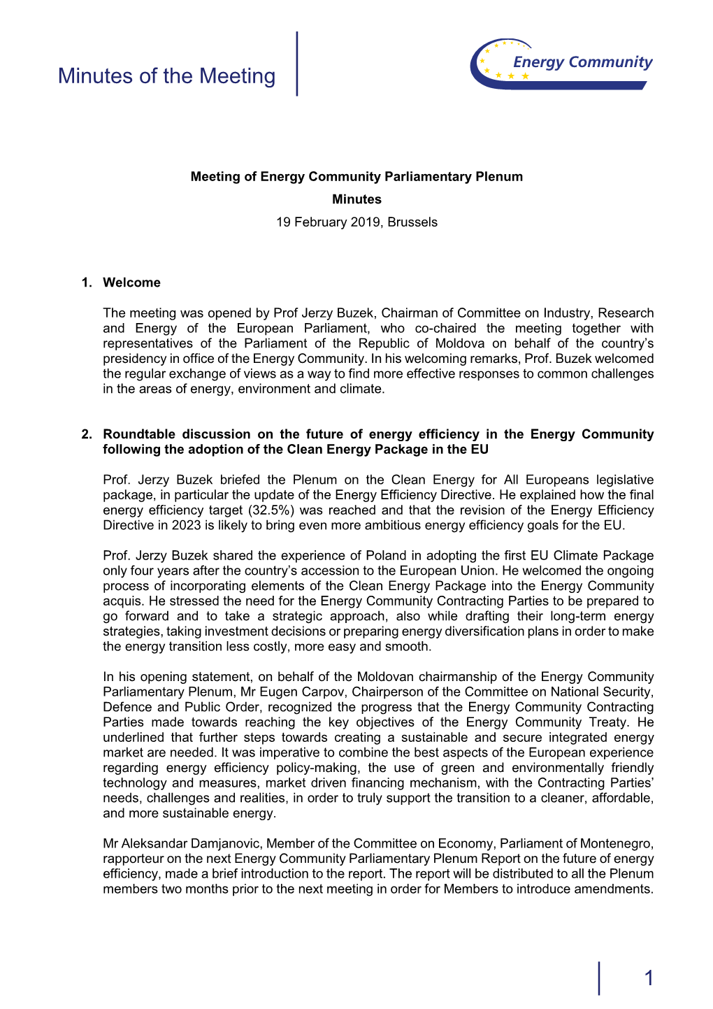 Minutes of Meeting of Energy Community Parliamentary Plenum