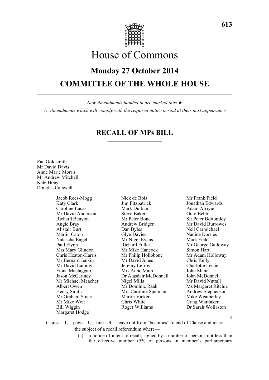 613 Monday 27 October 2014 COMMITTEE