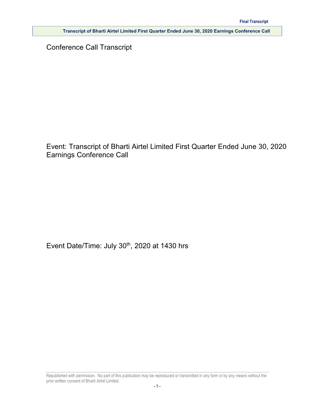 Transcript of Bharti Airtel Limited First Quarter Ended June 30, 2020 Earnings Conference Call