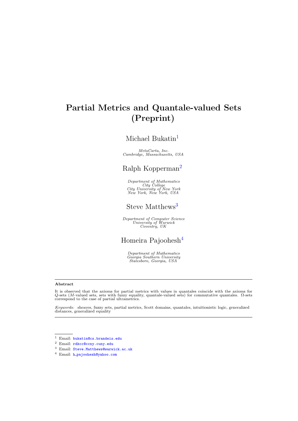 Partial Metrics and Quantale-Valued Sets (Preprint)