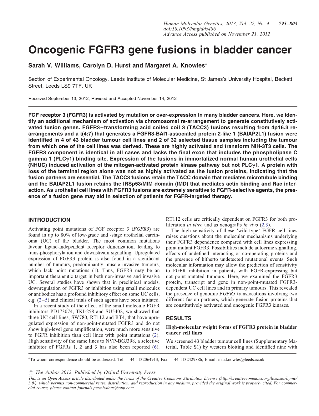 Oncogenic FGFR3 Gene Fusions in Bladder Cancer