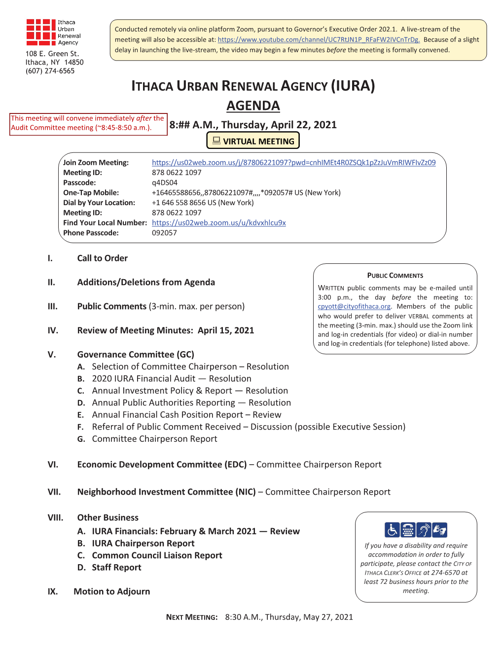 April 22, 2021 Ithaca Urban Renewal Agency (IURA)