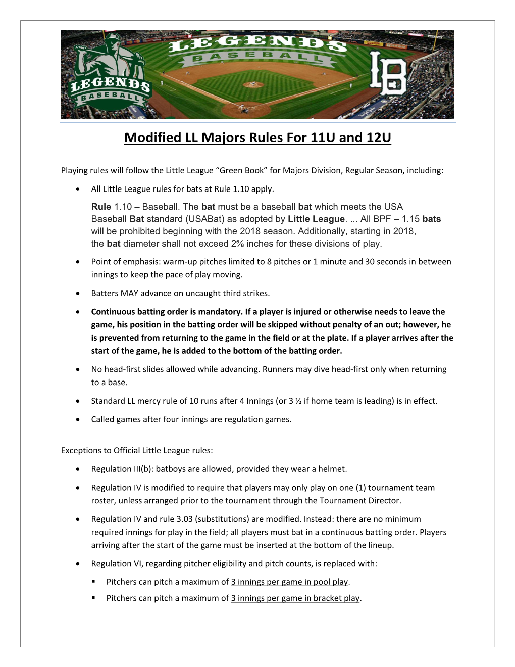 Modified LL Majors Rules for 11U and 12U