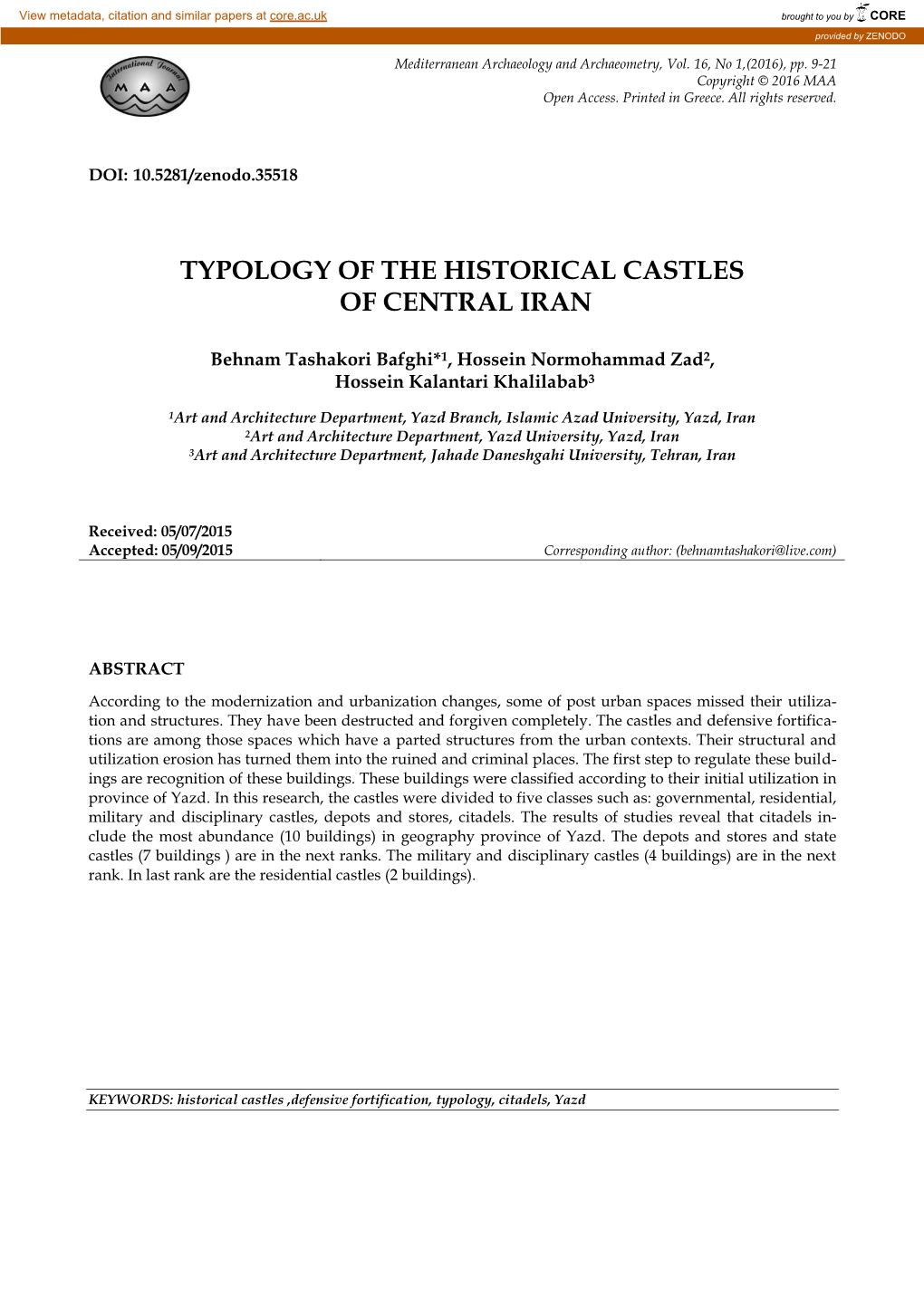 Typology of the Historical Castles of Central Iran