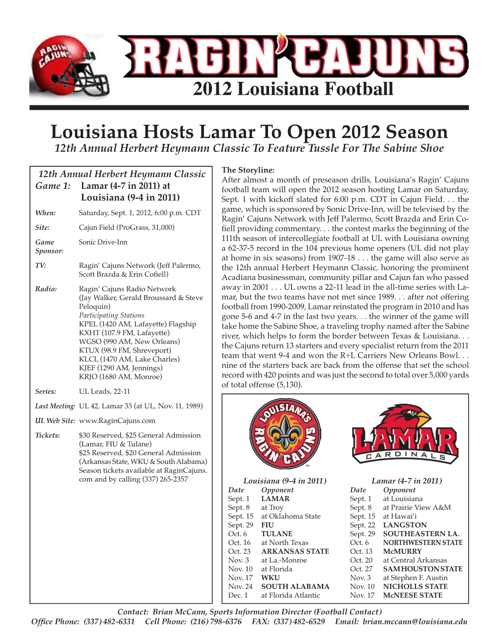 Louisiana Hosts Lamar to Open 2012 Season 2012 Louisiana Football