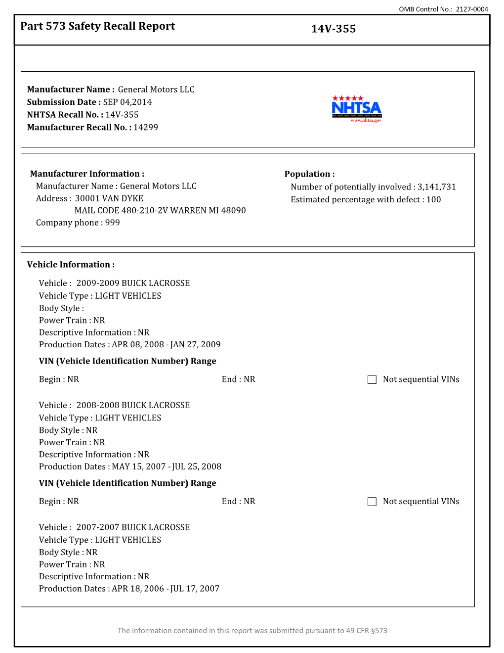 Part 573 Safety Recall Report 14V-355