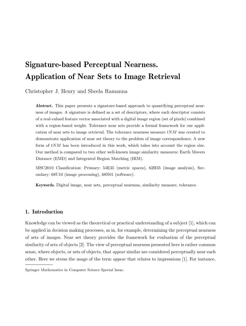 Signature-Based Perceptual Nearness. Application of Near Sets to Image Retrieval