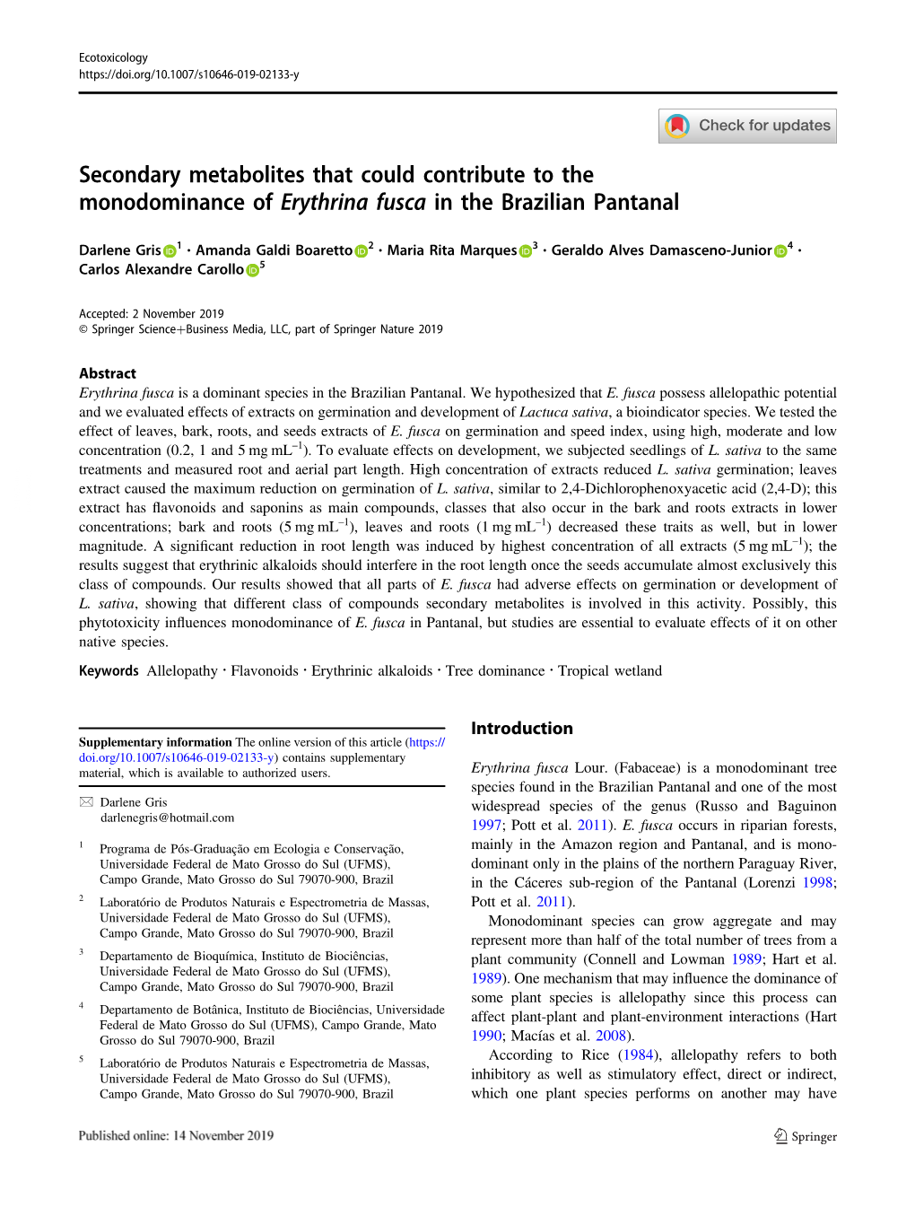 Secondary Metabolites That Could Contribute to the Monodominance of Erythrina Fusca in the Brazilian Pantanal