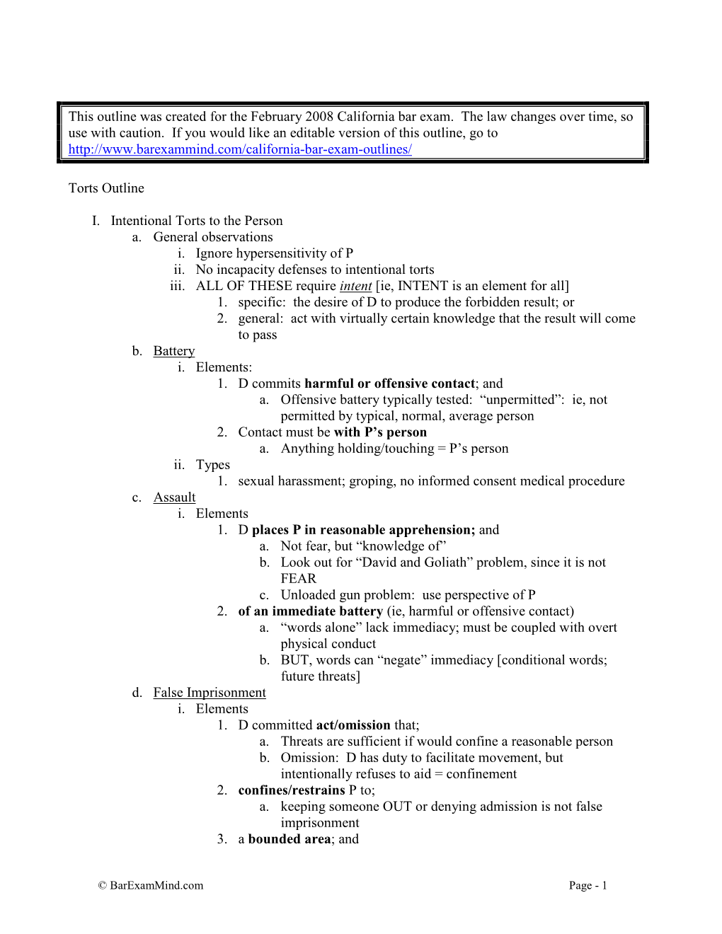 This Outline Was Created for the February 2008 California Bar Exam
