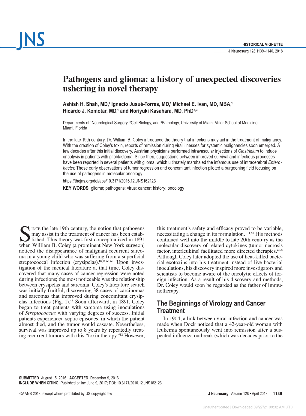 Pathogens and Glioma: a History of Unexpected Discoveries Ushering in Novel Therapy
