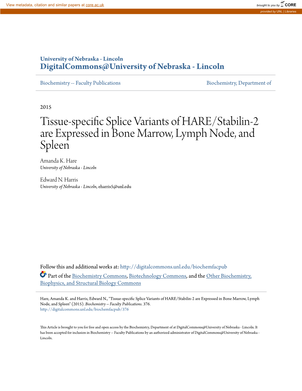 Tissue-Specific Splice Variants of HARE/Stabilin-2 Are Expressed in Bone Marrow, Lymph Node, and Spleen