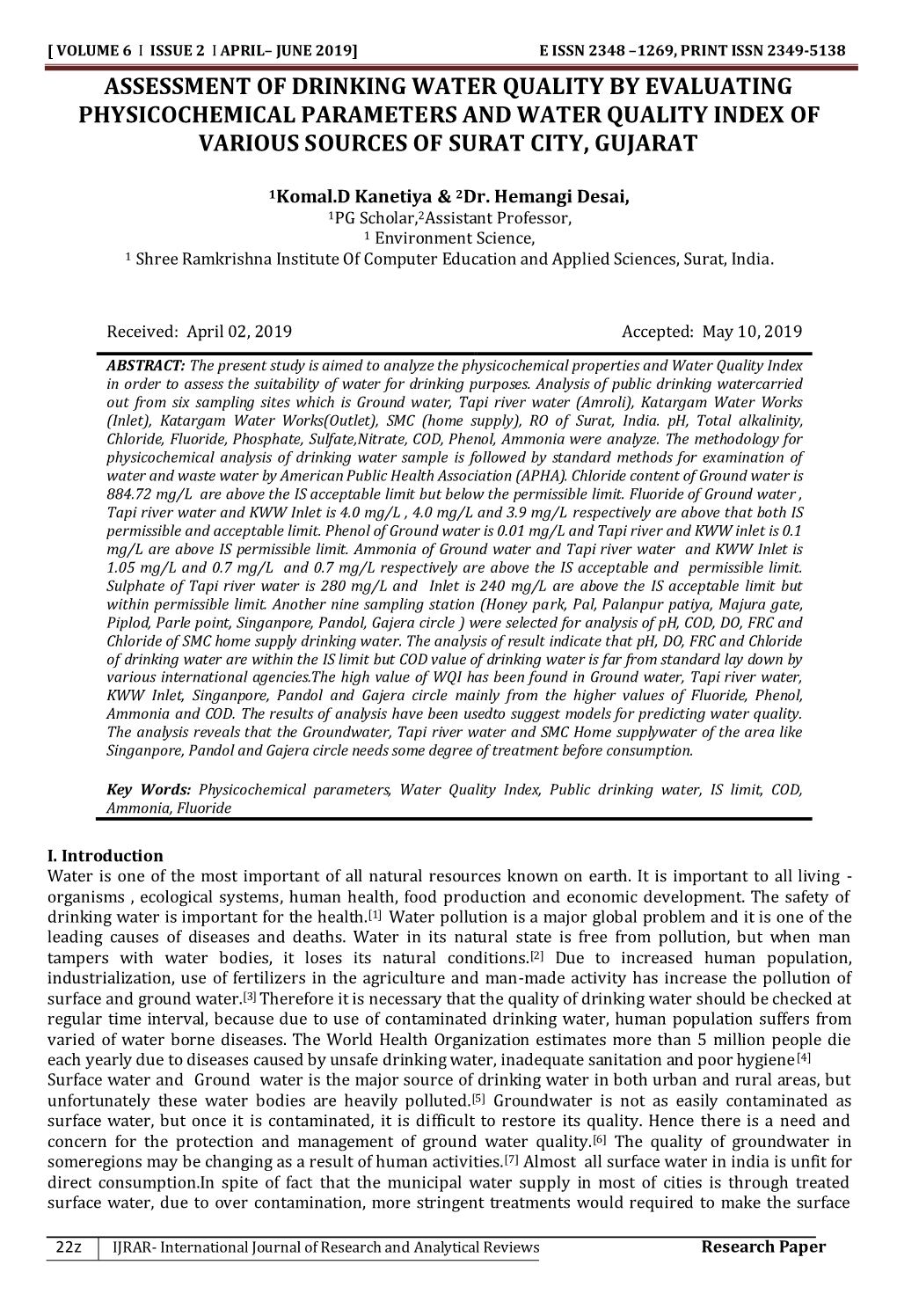 Assessment of Drinking Water Quality by Evaluating Physicochemical Parameters and Water Quality Index of Various Sources of Surat City, Gujarat