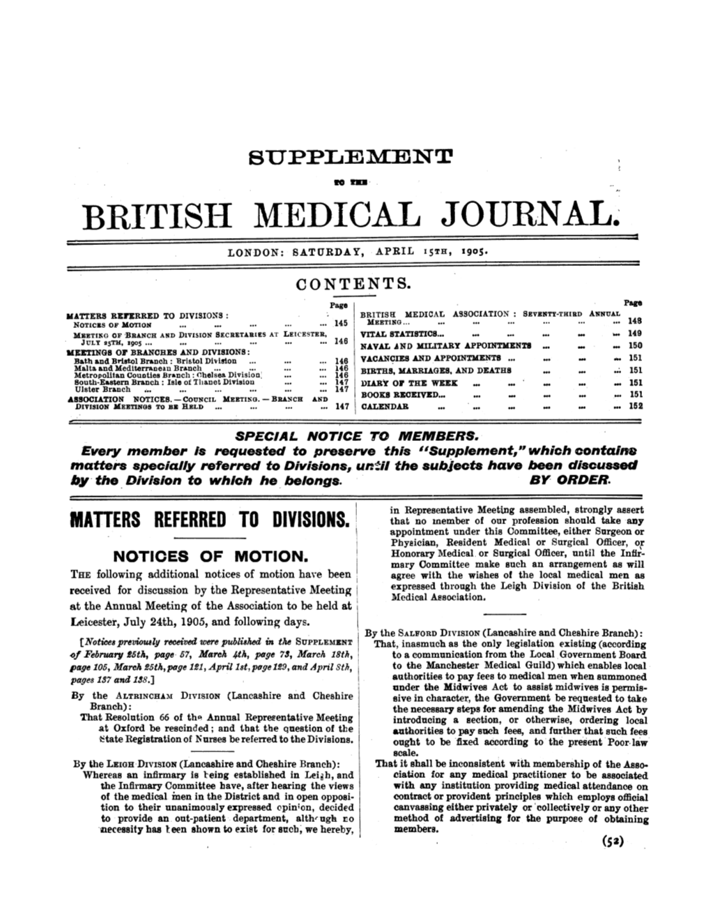 British Medical Journal. London: Saturday, April 15Th, 1905
