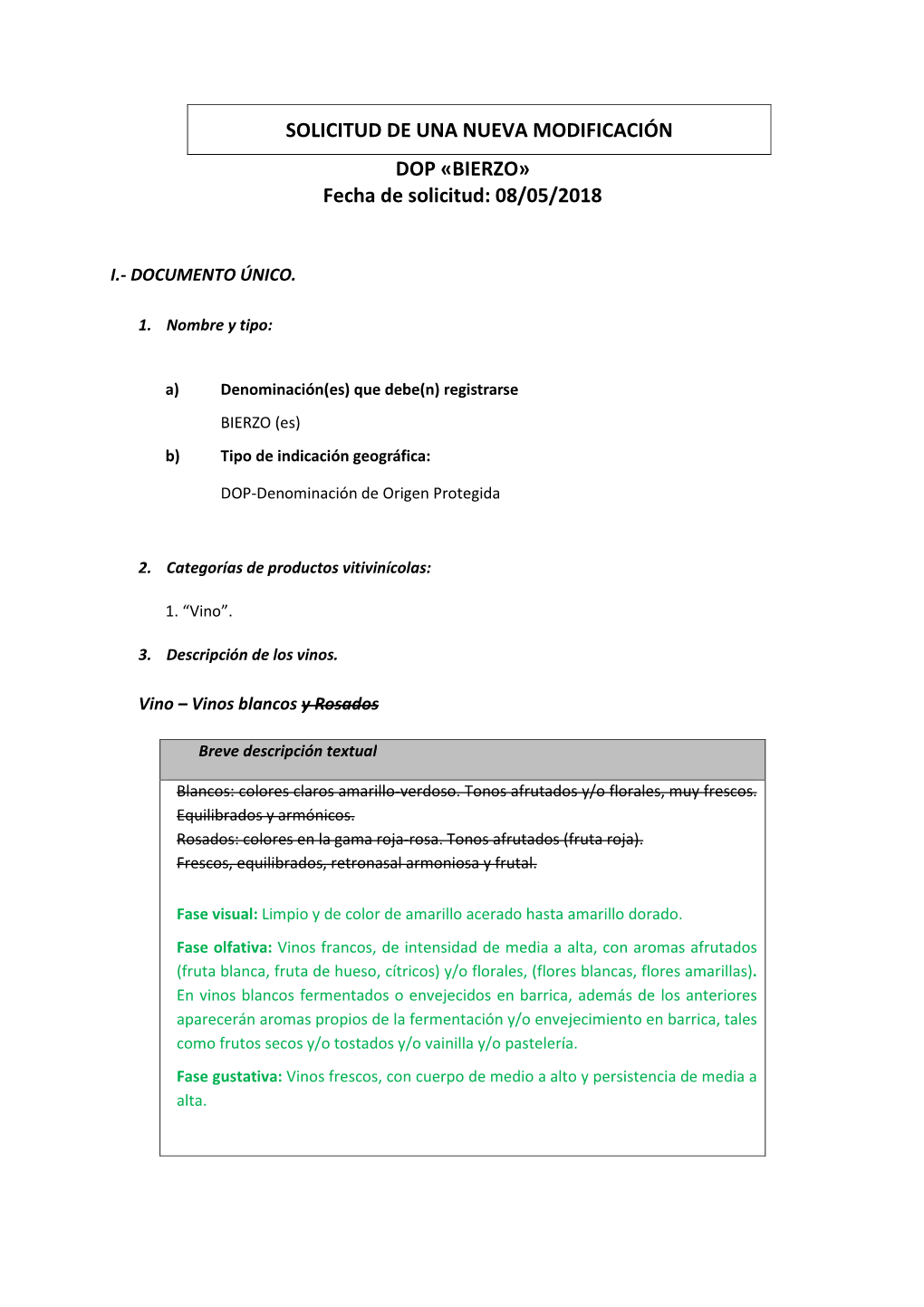 SOLICITUD DE UNA NUEVA MODIFICACIÓN DOP «BIERZO» Fecha De Solicitud: 08/05/2018