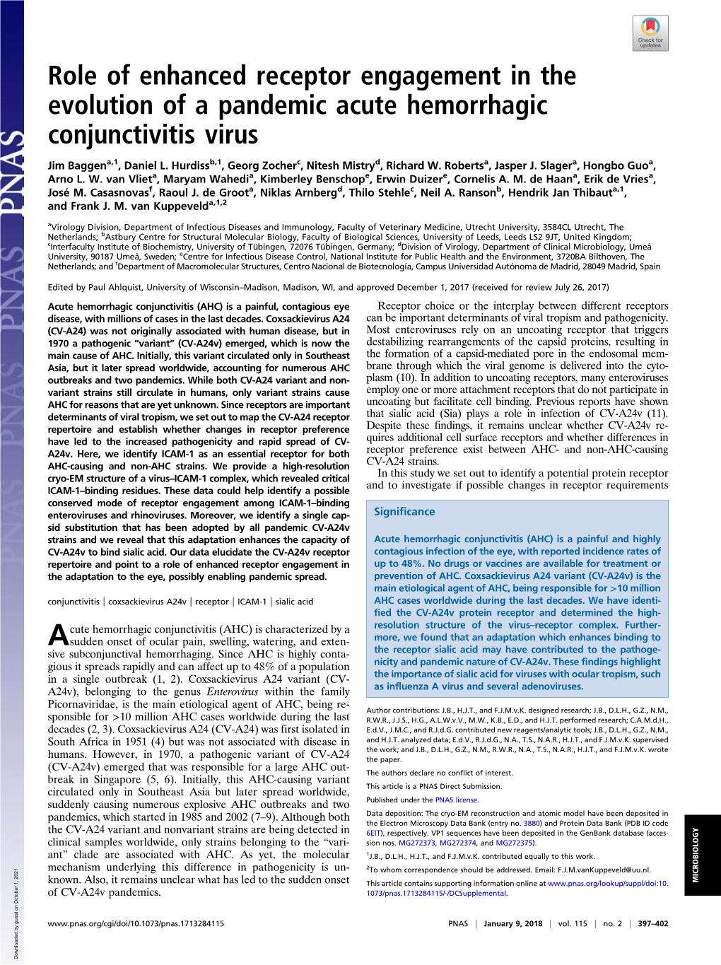 Role of Enhanced Receptor Engagement in the Evolution of a Pandemic Acute Hemorrhagic Conjunctivitis Virus