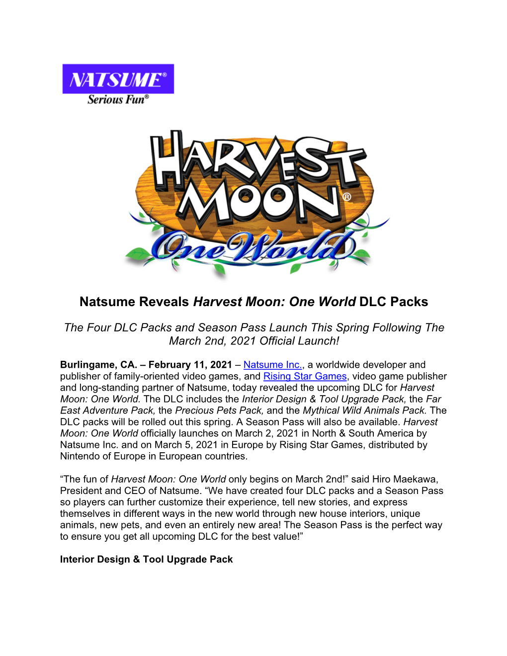 Natsume Reveals Harvest Moon: One World DLC Packs