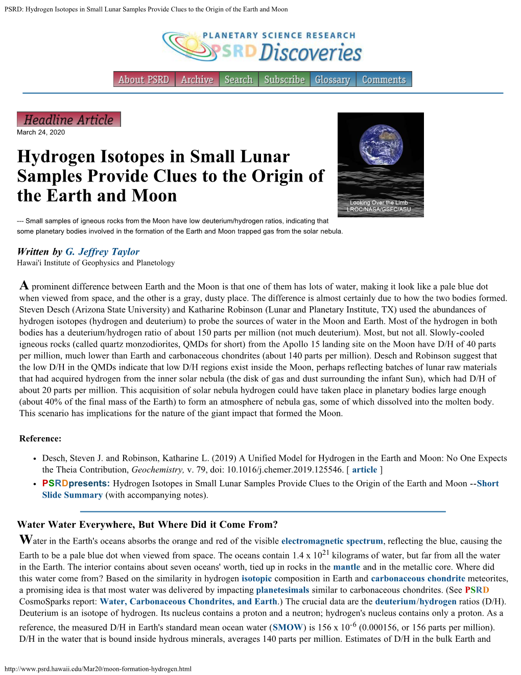 PSRD: Hydrogen Isotopes in Small Lunar Samples Provide Clues to the Origin of the Earth and Moon