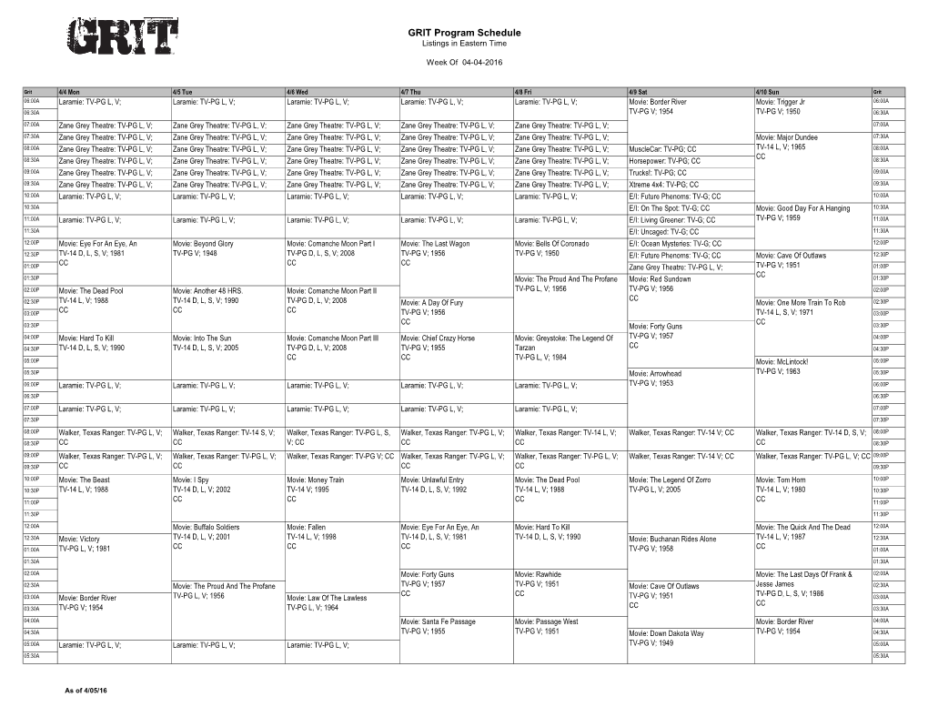 GRIT Program Schedule Listings in Eastern Time