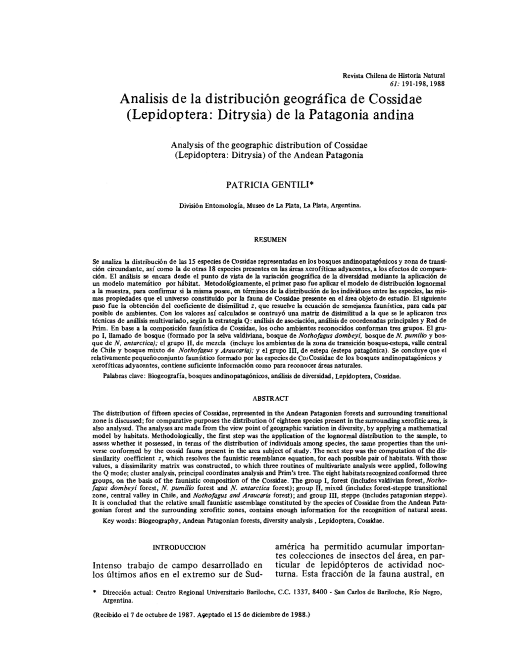 Analisis De La Distribución Geográfica De Cossidae (Lepidoptera: Ditrysia) De La Patagonia Andina