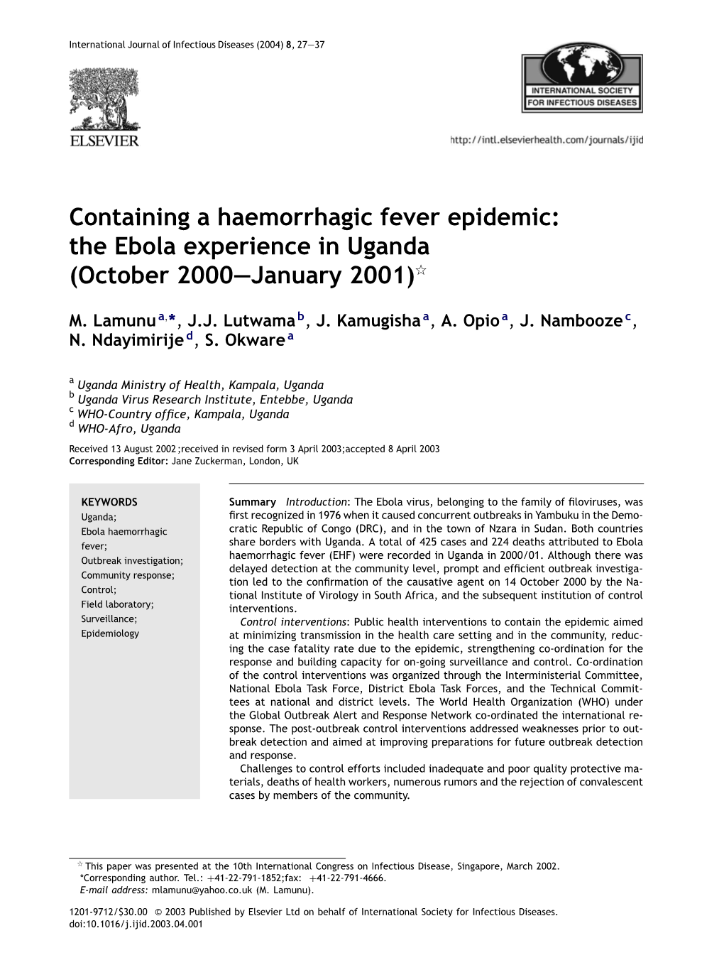 The Ebola Experience in Uganda (October 2000—January 2001)ଝ