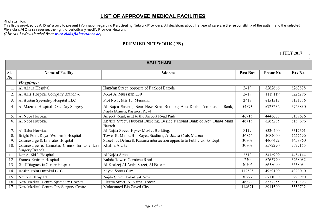 LIST of APPROVED MEDICAL FACILITIES Kind Attention: This List Is Provided by Al Dhafra Only to Present Information Regarding Participating Network Providers