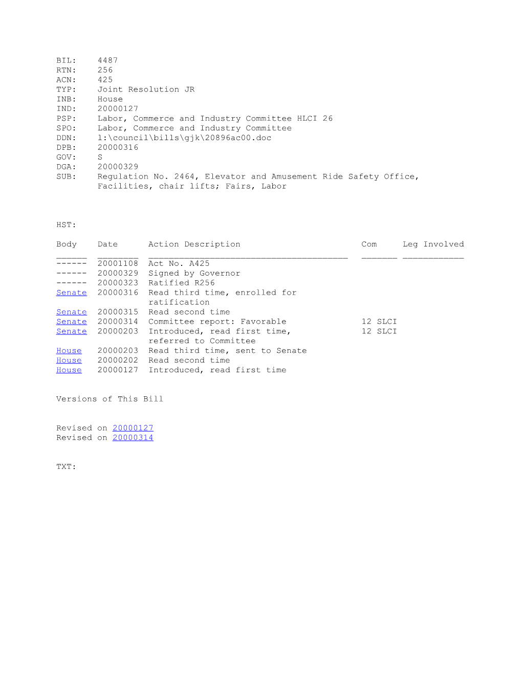 1999-2000 Bill 4487: Regulation No. 2464, Elevator and Amusement Ride Safety Office, Facilities