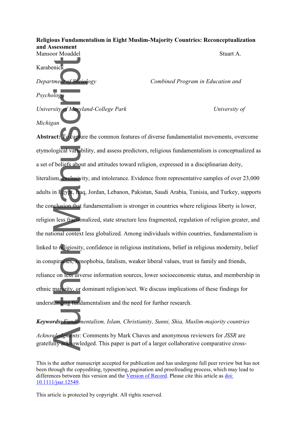 Religious Fundamentalism in Eight Muslim-Majority Countries: Reconceptualization and Assessment Mansoor Moaddel Stuart A