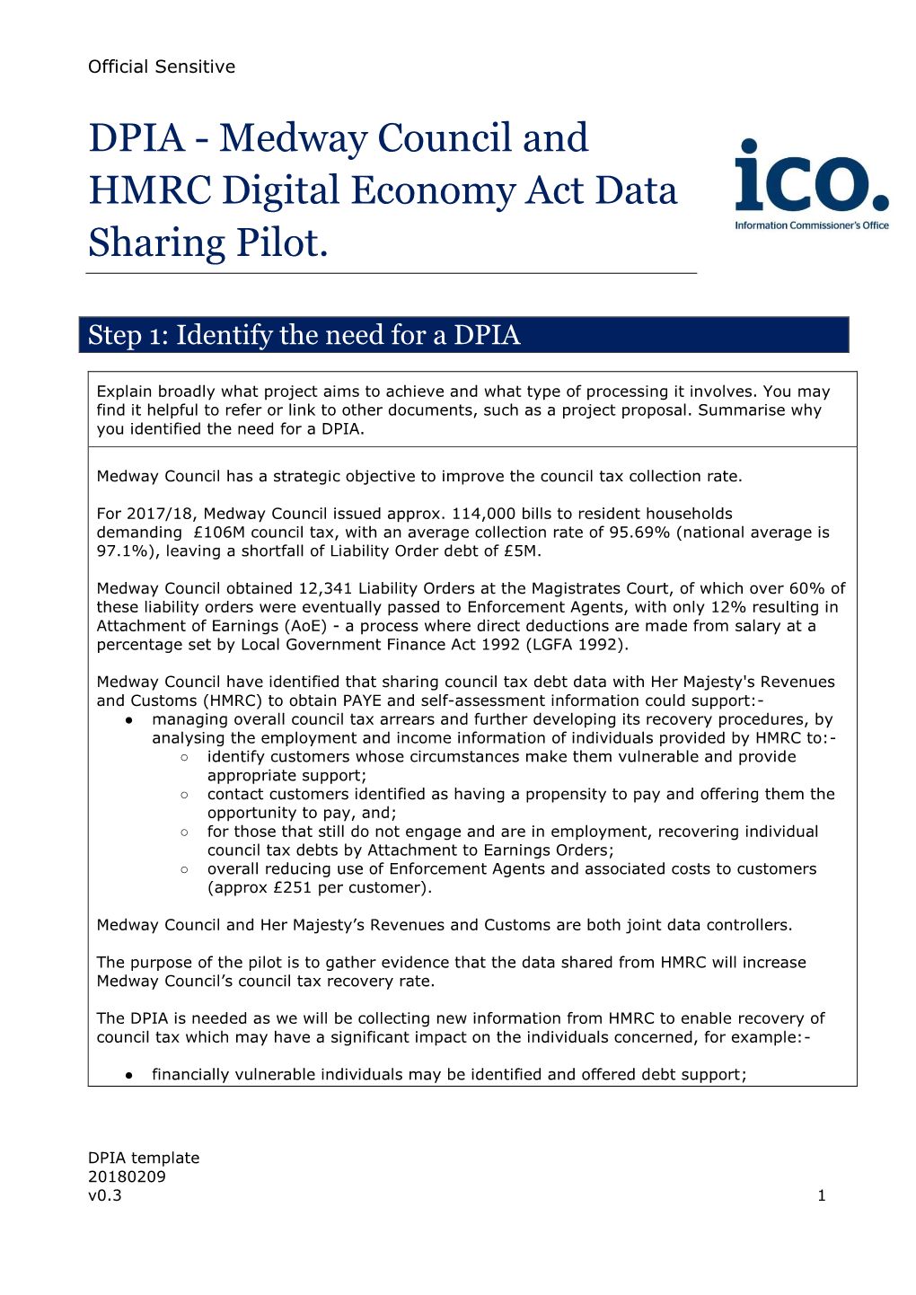 DPIA - Medway Council and HMRC Digital Economy Act Data Sharing Pilot