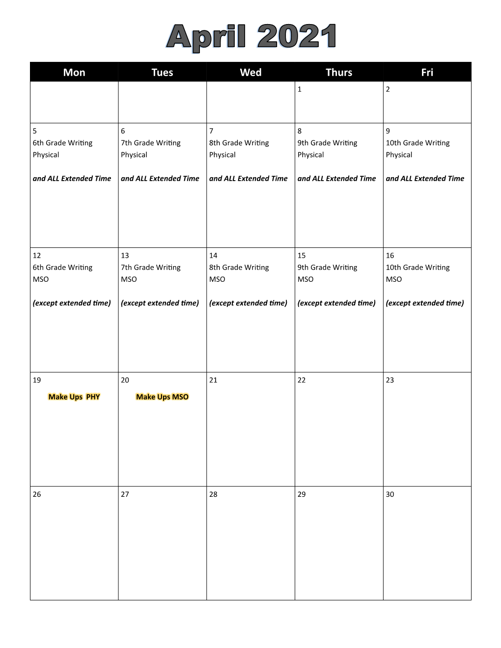 April 2021 Testing Calendar