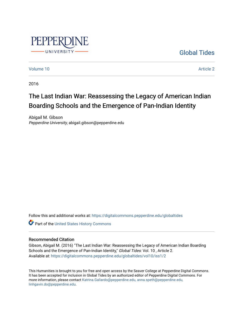 The Last Indian War: Reassessing the Legacy of American Indian Boarding Schools and the Emergence of Pan-Indian Identity