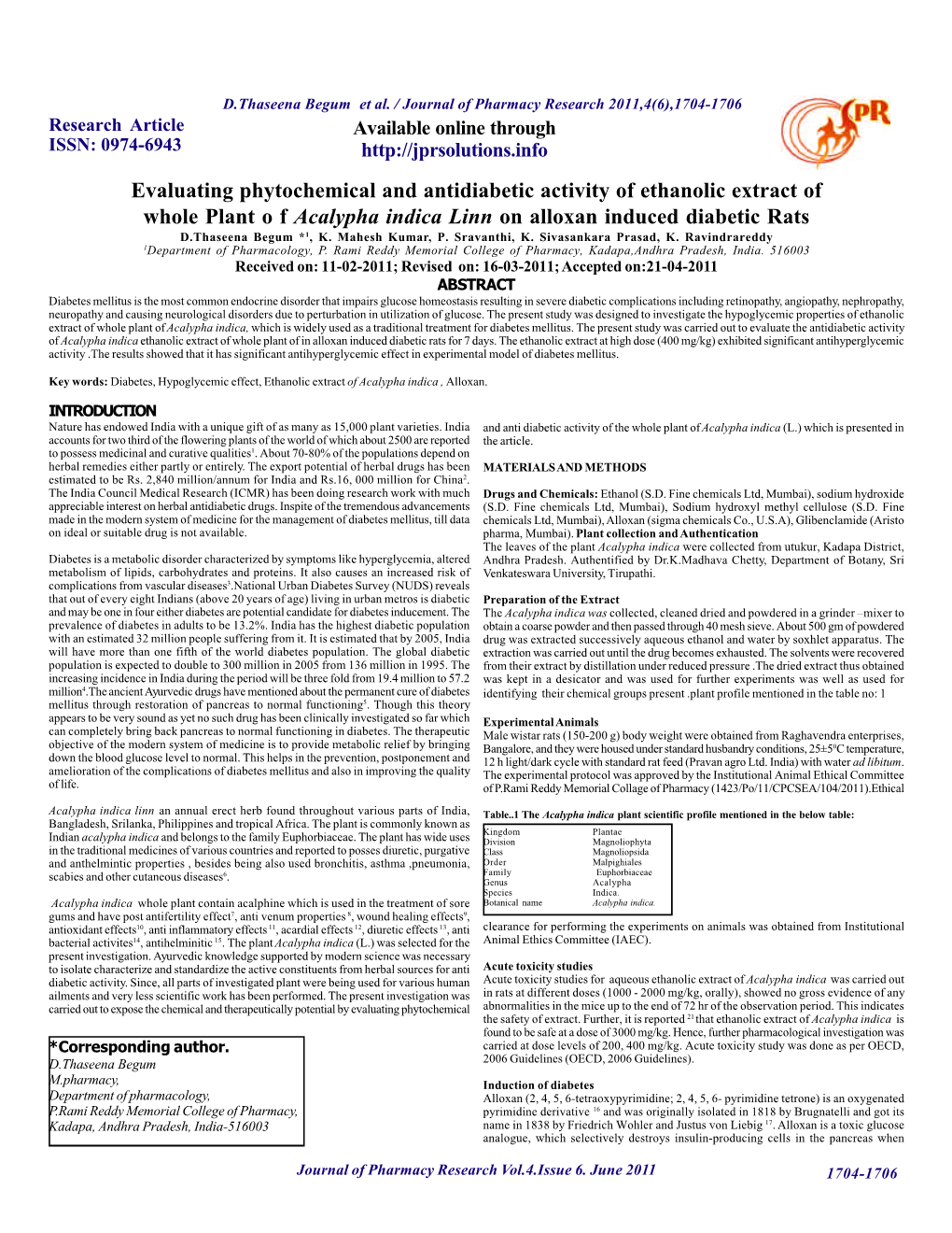 Evaluating Phytochemical and Antidiabetic Activity of Ethanolic Extract of Whole Plant O F Acalypha Indica Linn on Alloxan Indu