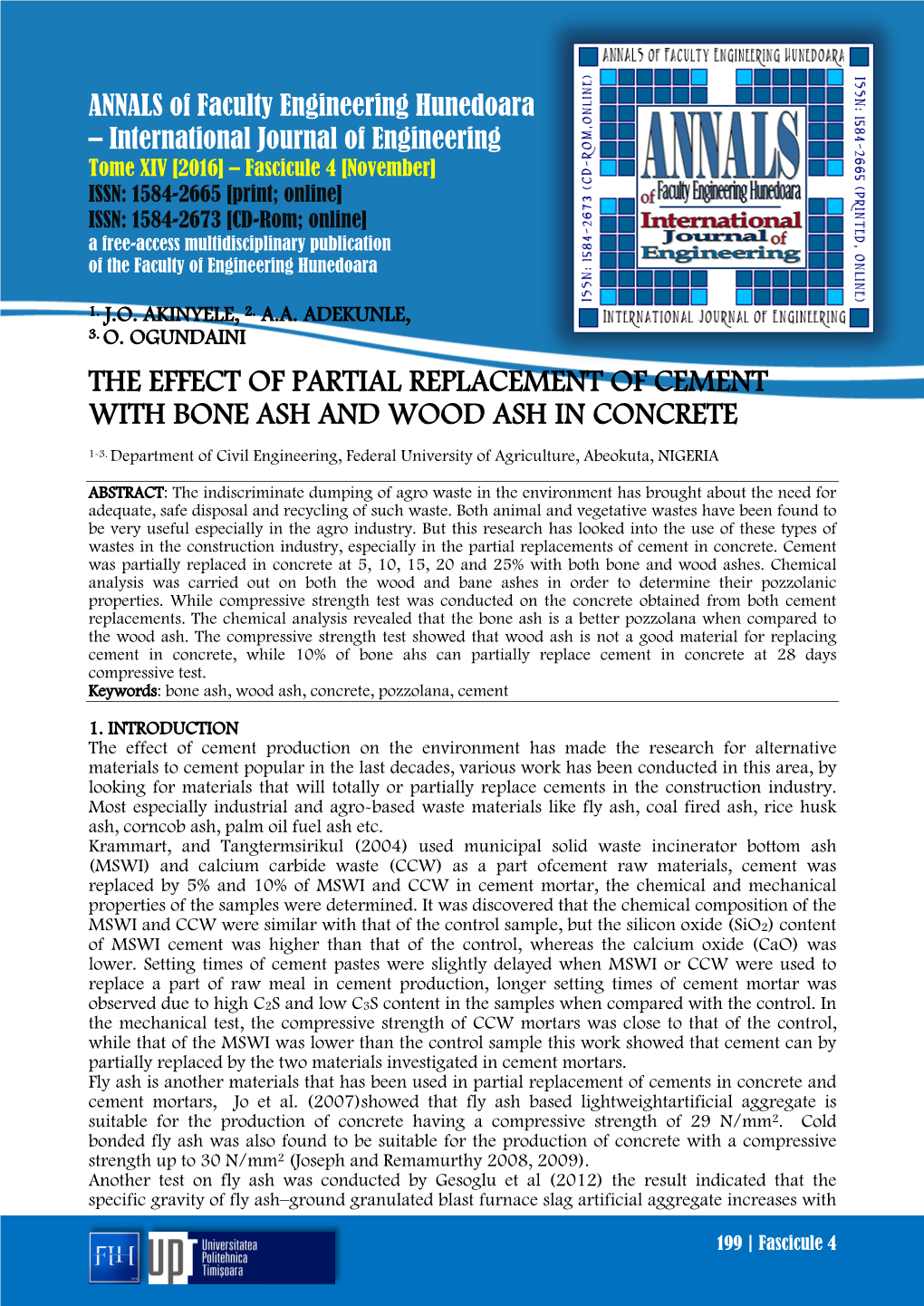 The Effect of Partial Replacement of Cement with Bone Ash and Wood Ash in Concrete