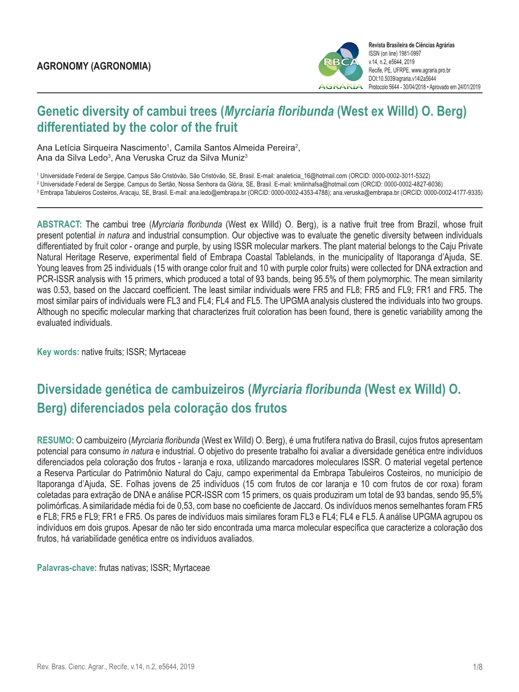 Genetic Diversity of Cambui Trees (Myrciaria Floribunda (West Ex Willd) O