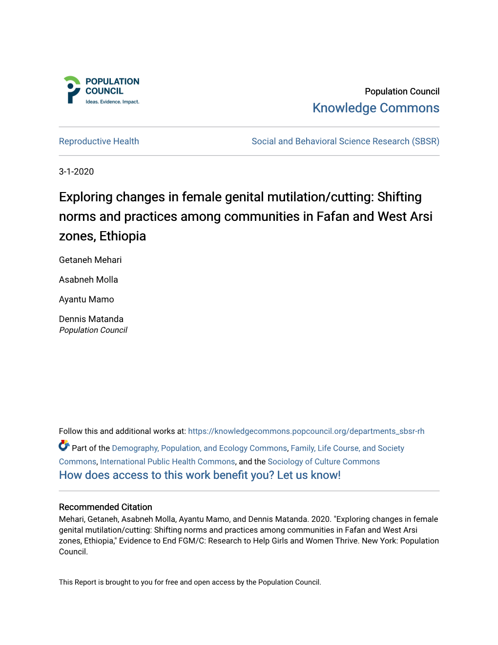 Exploring Changes in Female Genital Mutilation/Cutting: Shifting Norms and Practices Among Communities in Fafan and West Arsi Zones, Ethiopia