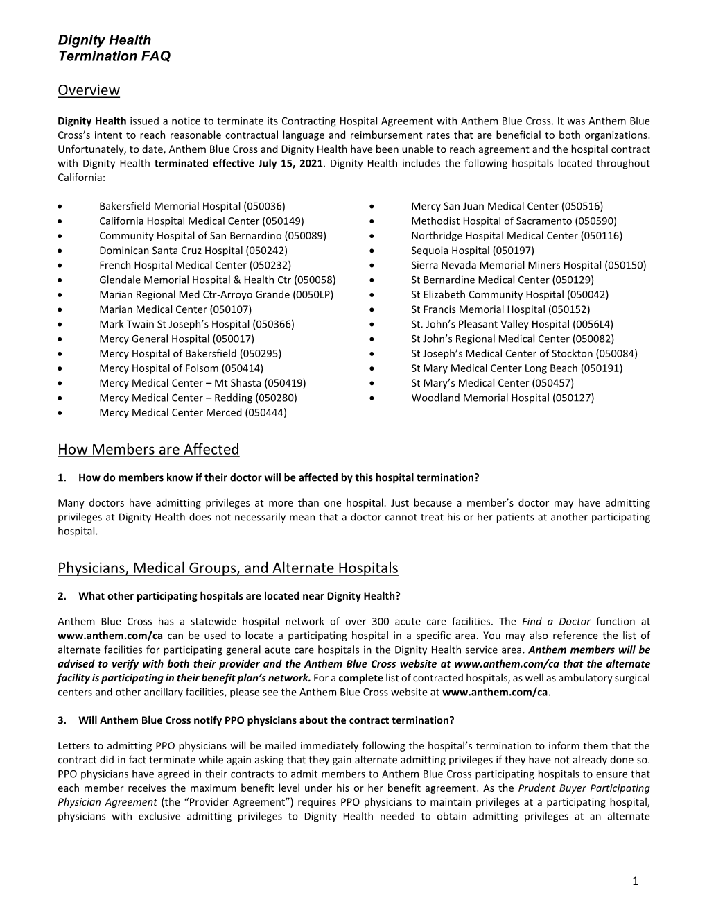 Dignity Health Termination FAQ