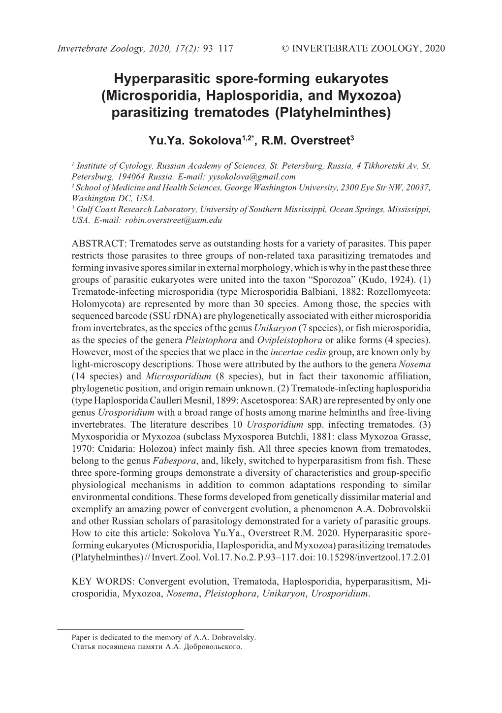 Microsporidia, Haplosporidia, and Myxozoa) Parasitizing Trematodes (Platyhelminthes