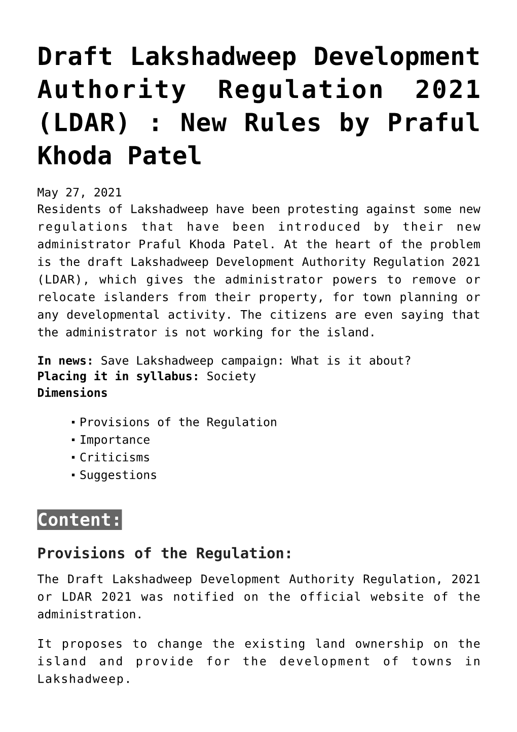 Draft Lakshadweep Development Authority Regulation 2021 (LDAR) : New Rules by Praful Khoda Patel