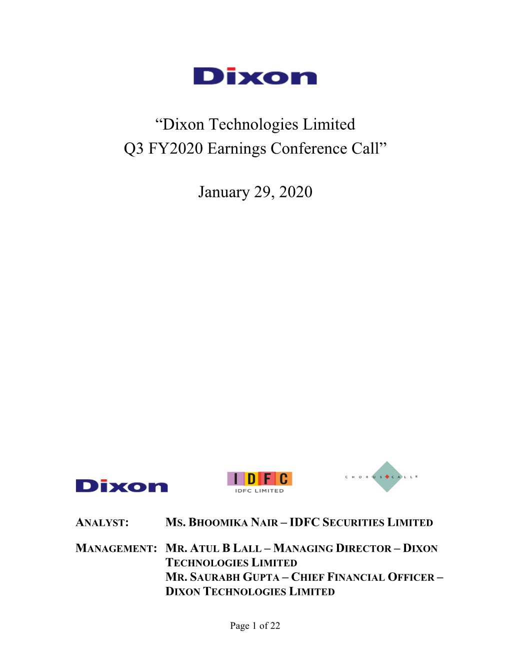 “Dixon Technologies Limited Q3 FY2020 Earnings Conference Call”