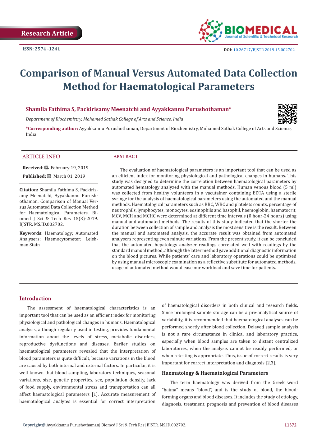 Comparison of Manual Versus Automated Data Collection Method for Haematological Parameters