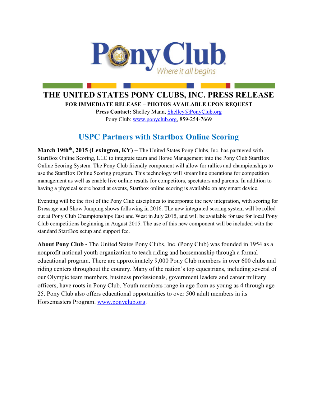 The United States Pony Clubs, Inc. Press Release Uspc