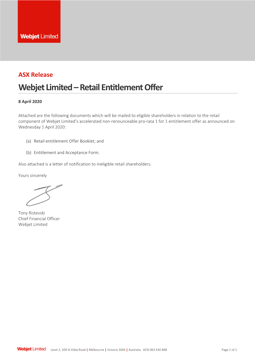 ASX Release Webjet Limited – Retail Entitlement Offer