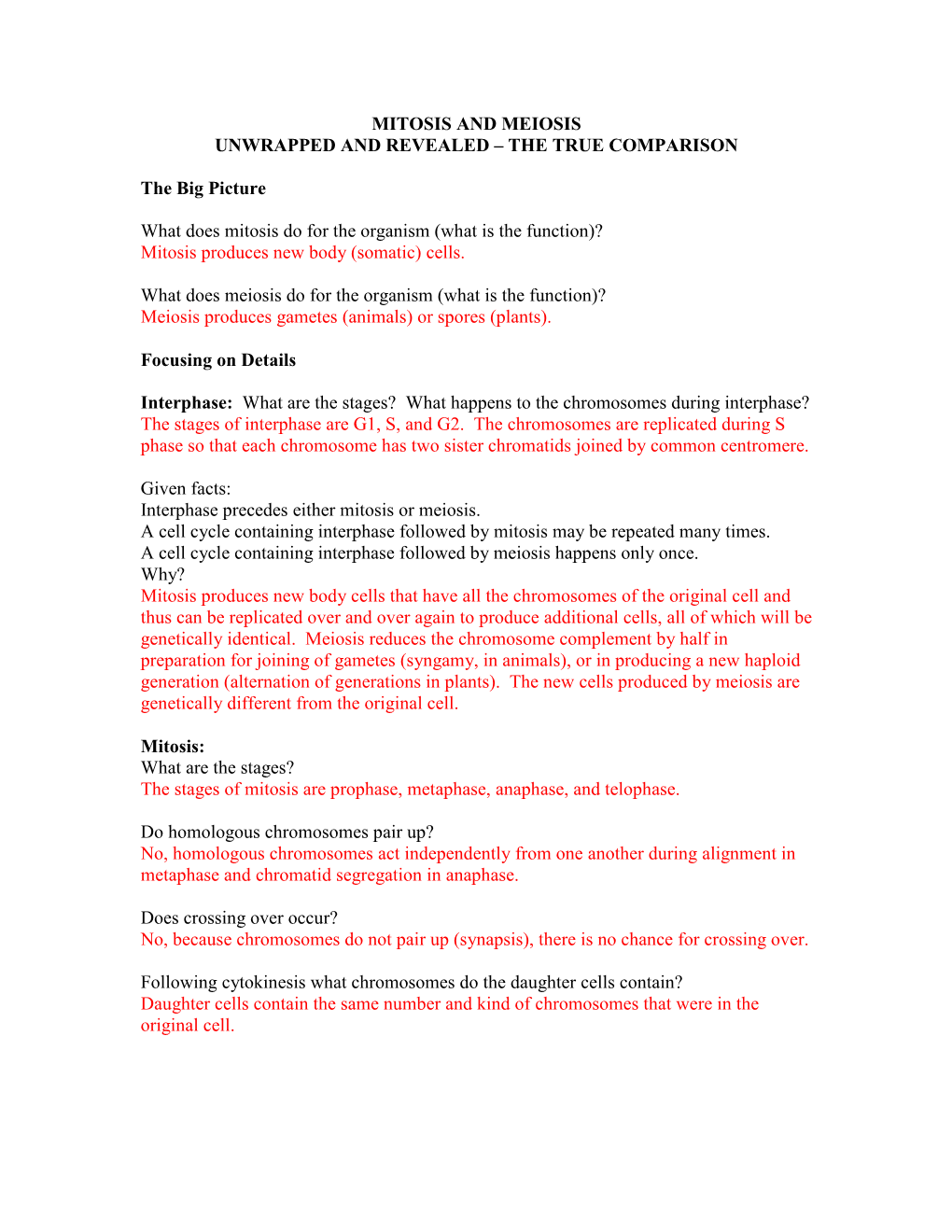 Mitosis and Meiosis Unwrapped and Revealed – the True Comparison