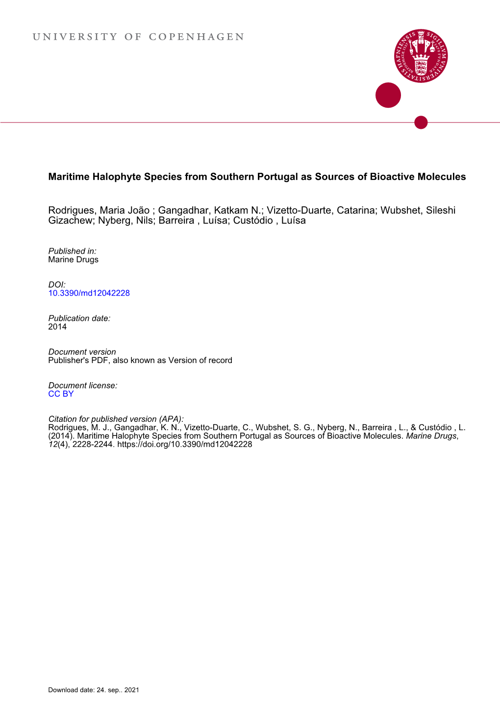 Maritime Halophyte Species from Southern Portugal As Sources of Bioactive Molecules