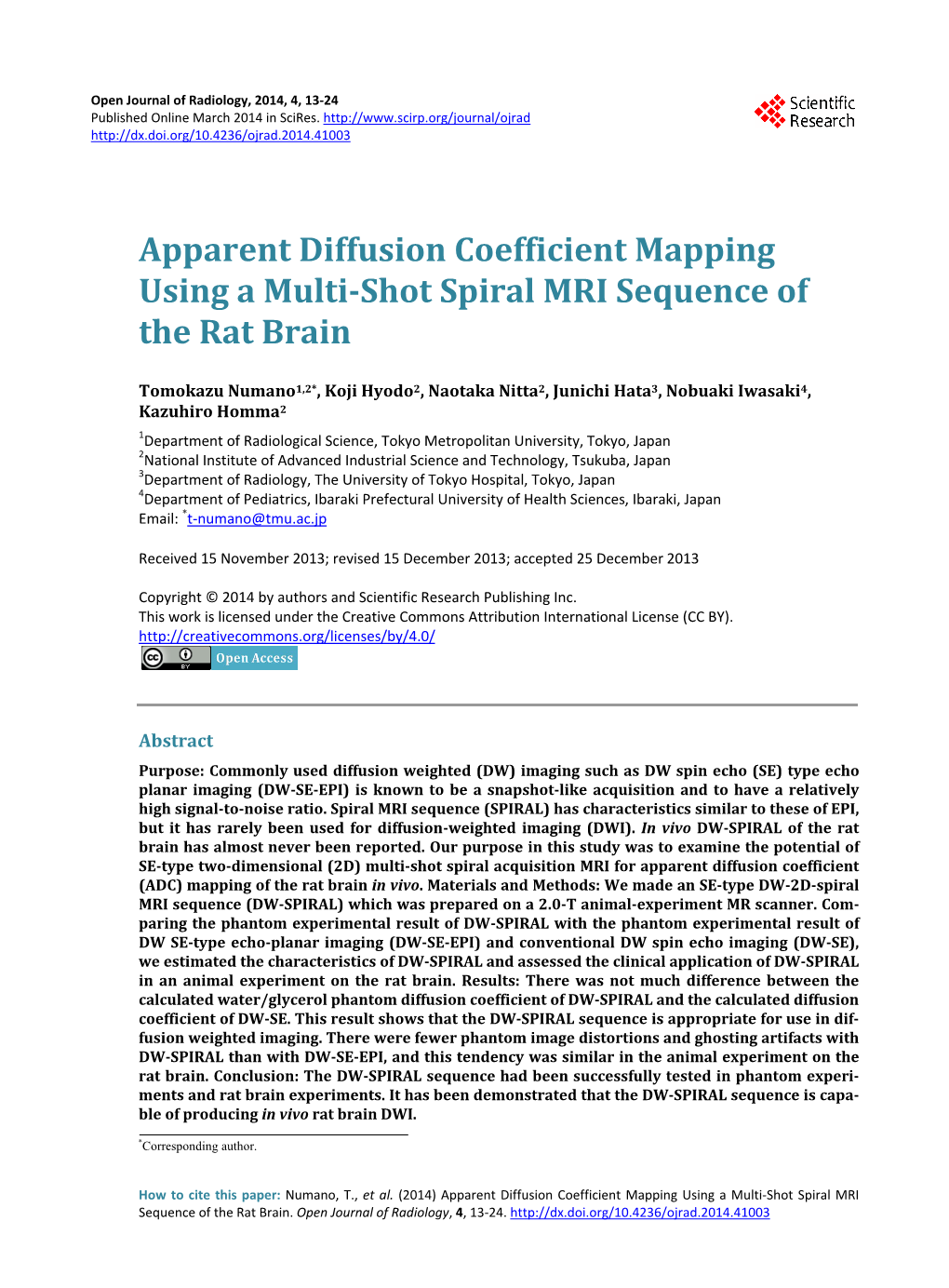 Apparent Diffusion Coefficient Mapping Using a Multi-Shot Spiral MRI Sequence of the Rat Brain