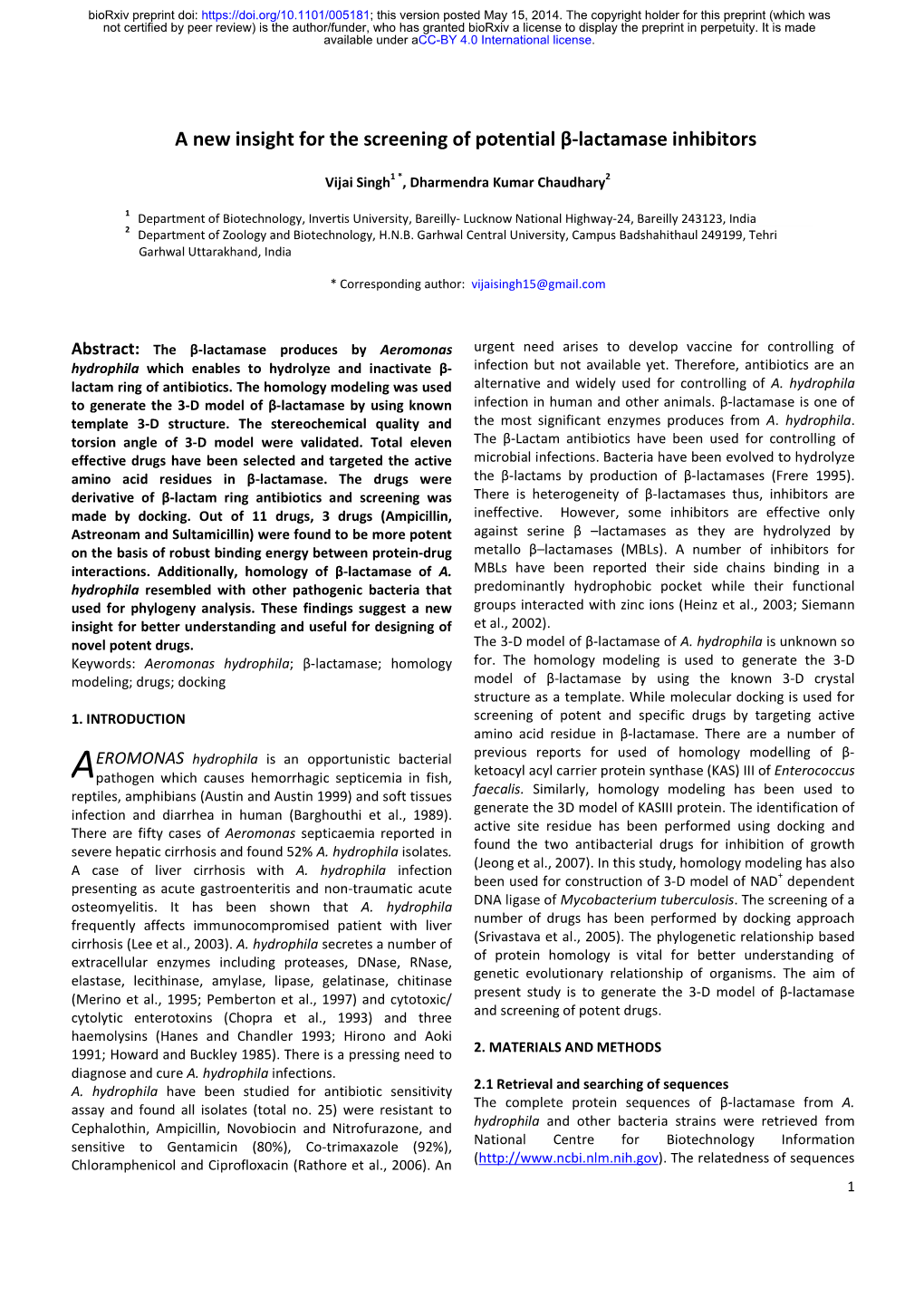 A New Insight for the Screening of Potential Β-Lactamase Inhibitors