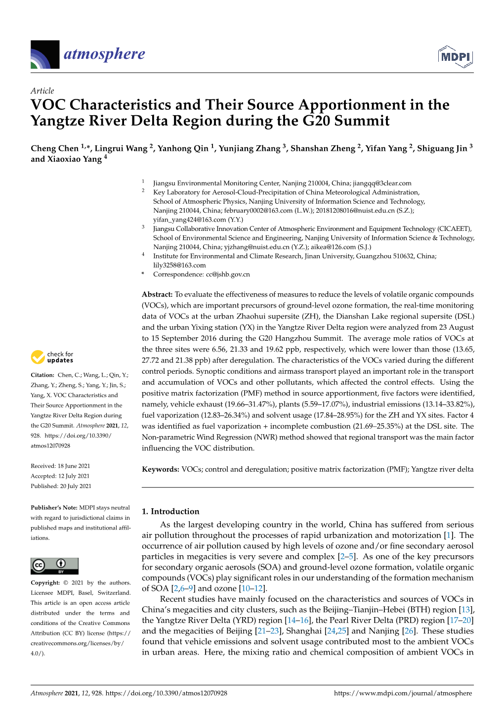 VOC Characteristics and Their Source Apportionment in the Yangtze River Delta Region During the G20 Summit