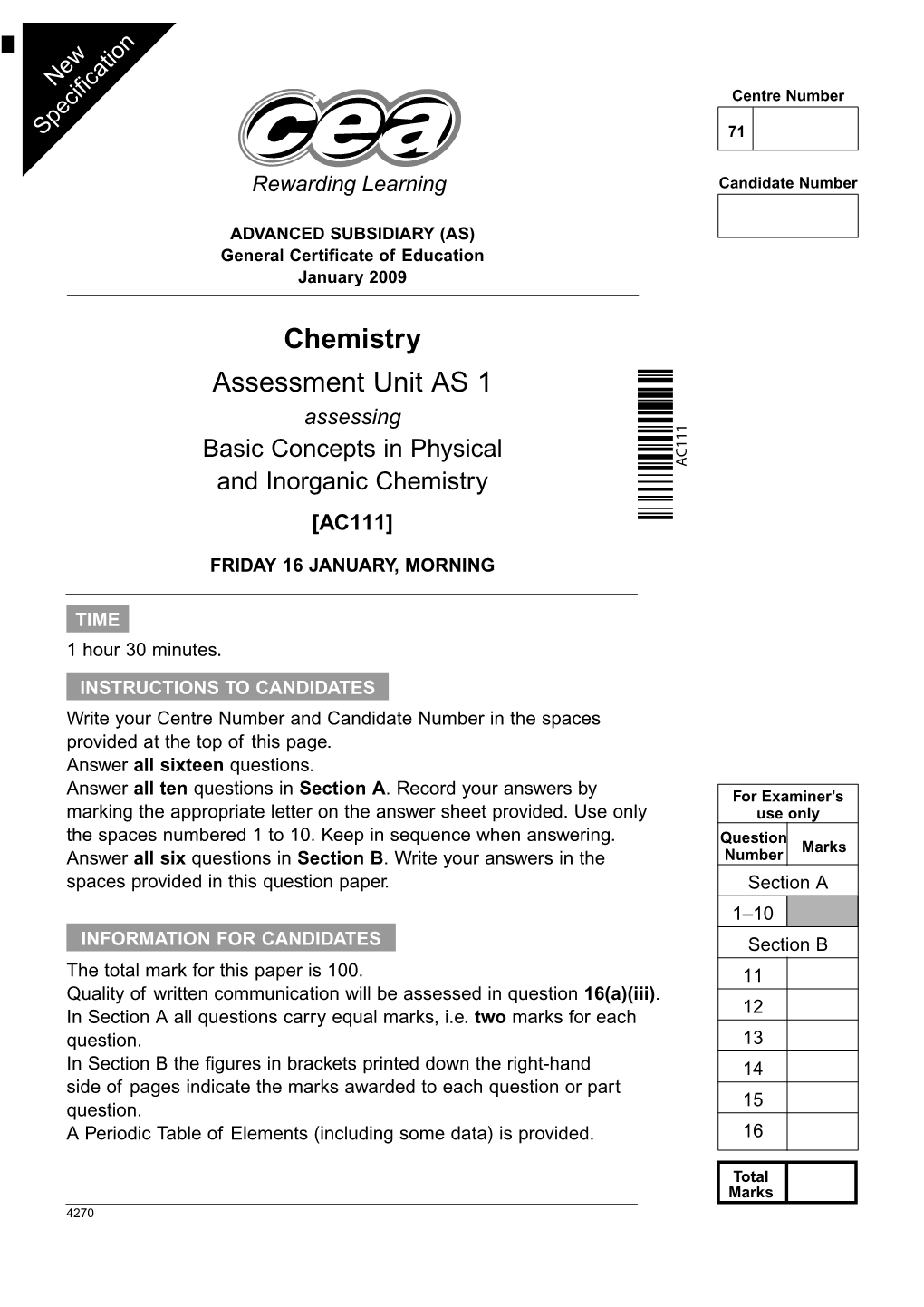 Mark Scheme for GCE AS Chemistry