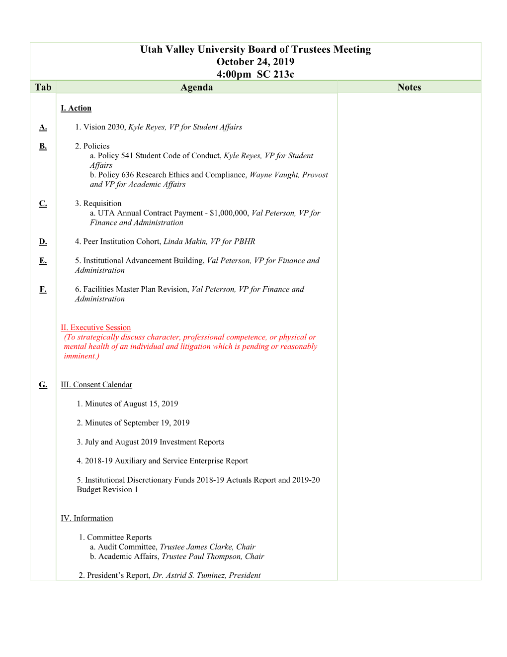 October 24, 2019 4:00Pm SC 213C Tab Agenda Notes