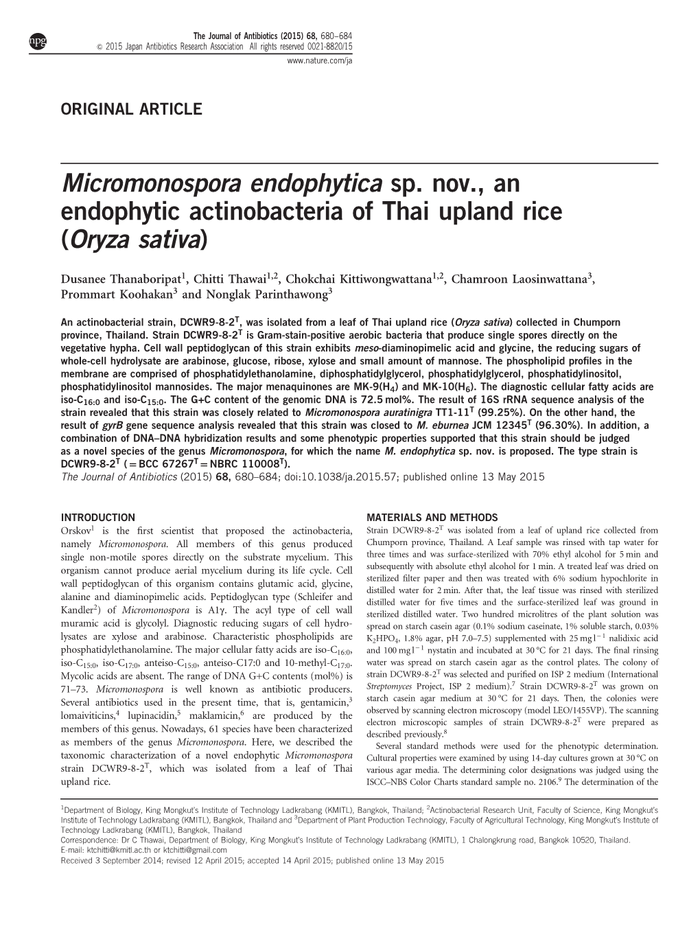 Micromonospora Endophytica Sp. Nov., an Endophytic Actinobacteria of Thai Upland Rice (Oryza Sativa)