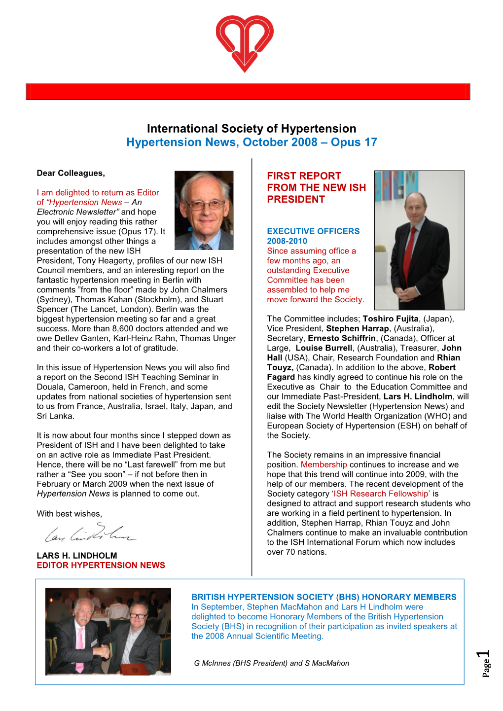 International Society of Hypertension Hypertension News, October 2008 – Opus 17